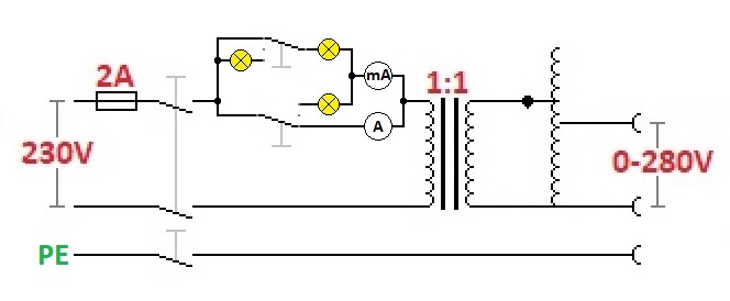 Insulated vario trafo, with current limiter diagram